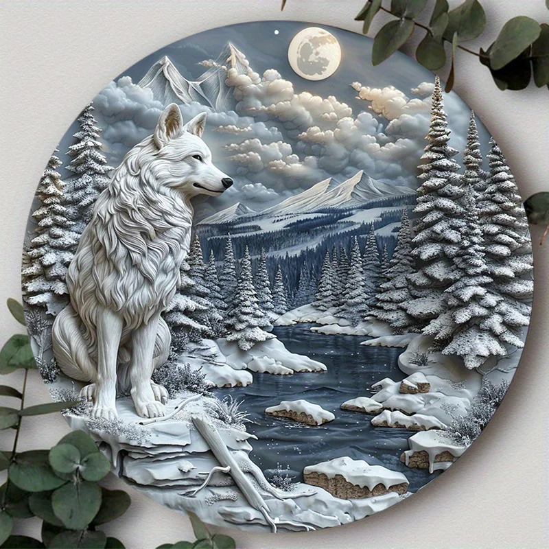 Sinal de metal de alumínio, sinal de guirlanda circular plana 2d com padrão de cachorro, arte de parede decoração de casa, presente para amantes de cães, pôster de parede decorativo