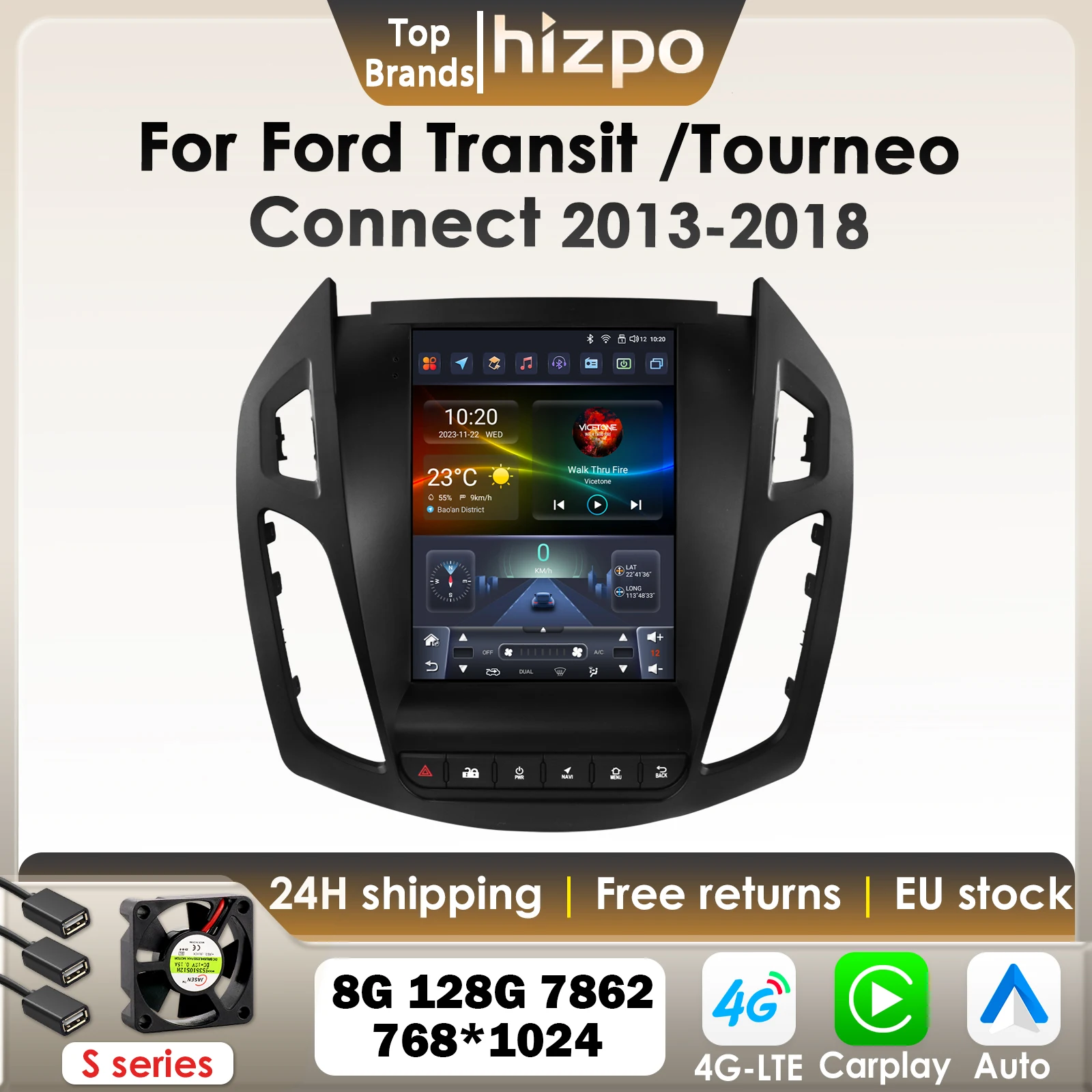 Hizpo Carplay autoradio Android pour FORD Transit/Tourneo Connect 2013-2018 pour Tesla Style 9.7 "écran Vertical GPS 4G BT 7862