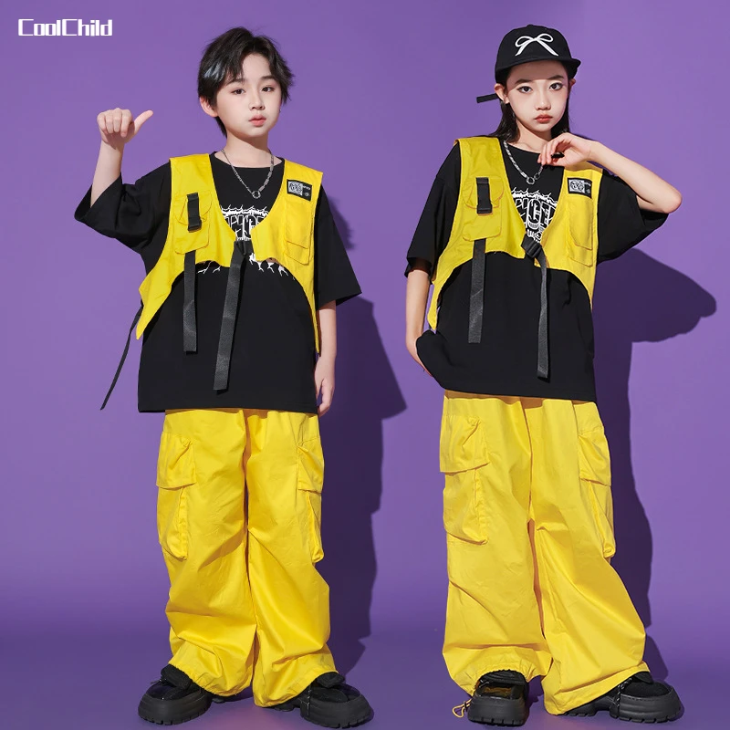 

Hip Hop Girls Vest Yellow Cargo Pants Boys Cool T-shirt Street Dance Joggers Children Streetwear Clothes Sets Kids Jazz Costumes