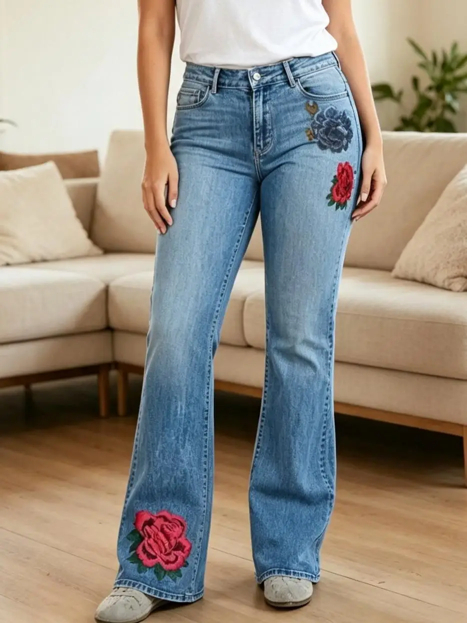 【HME】Jeans | Eye-Catching Floral Embroidered Denim Pants, Ladies Mid-High Waist Flare Denim Jeans, Signature Rose Patch Design On Thigh & Hem, Classic Washed Denim, Figure-Friendly Bootcut Pants For Diverse Body Shapes
