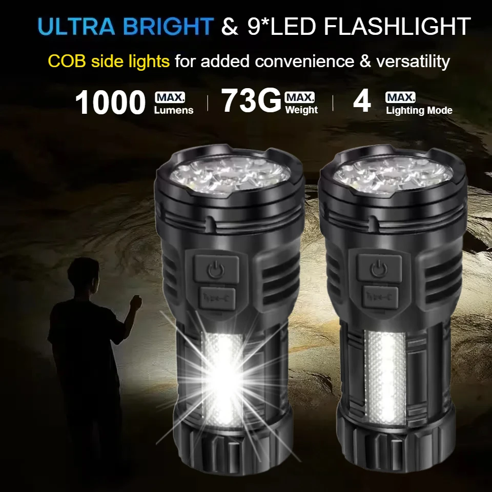 

High Power LED Flashlight w/ COB Side Lamp USB-C Rechargeable Waterproof Tactical Torch for Outdoor Camping Hiking & Emergencies