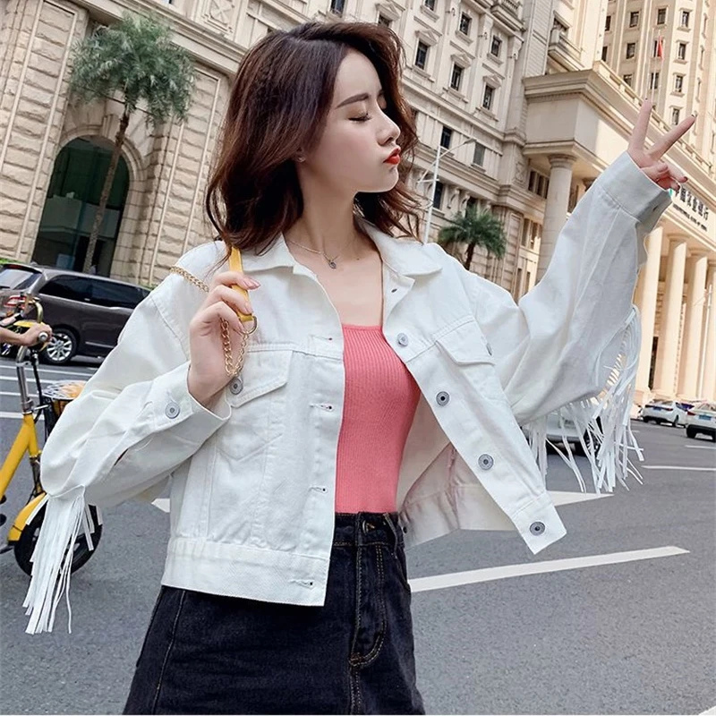 2023 New Streetwear Tassels Short Denim Jackets Women Spring Autumn White Jean Coat Lady Loose Outerwear Students Casual Tops