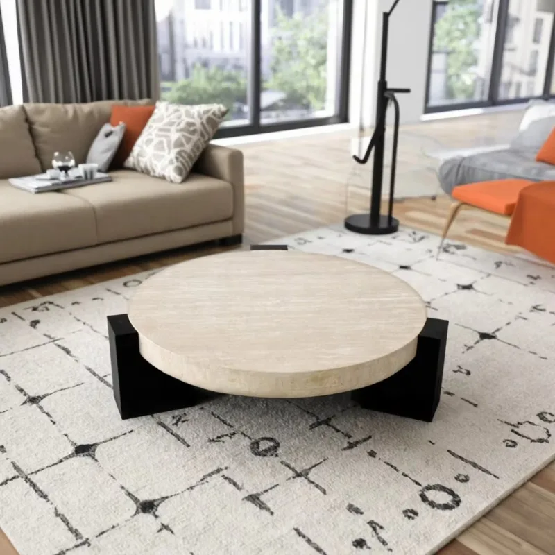 Modern Round Coffee Table Solid Wood Real Marble Terrazzo Limestone White Black Restaurant Cafe Dining Table