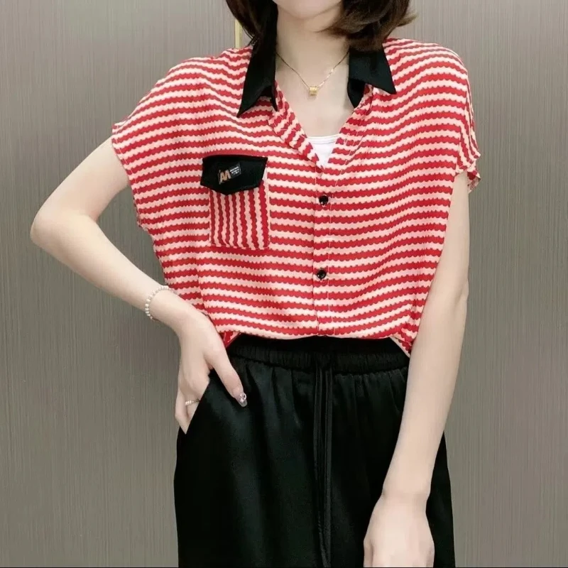 

Women Clothing Striped Printing Loose Blouse Summer New Short Sleeve Polo Neck Thin Office Shirt Tops Fashion Vintage Casual