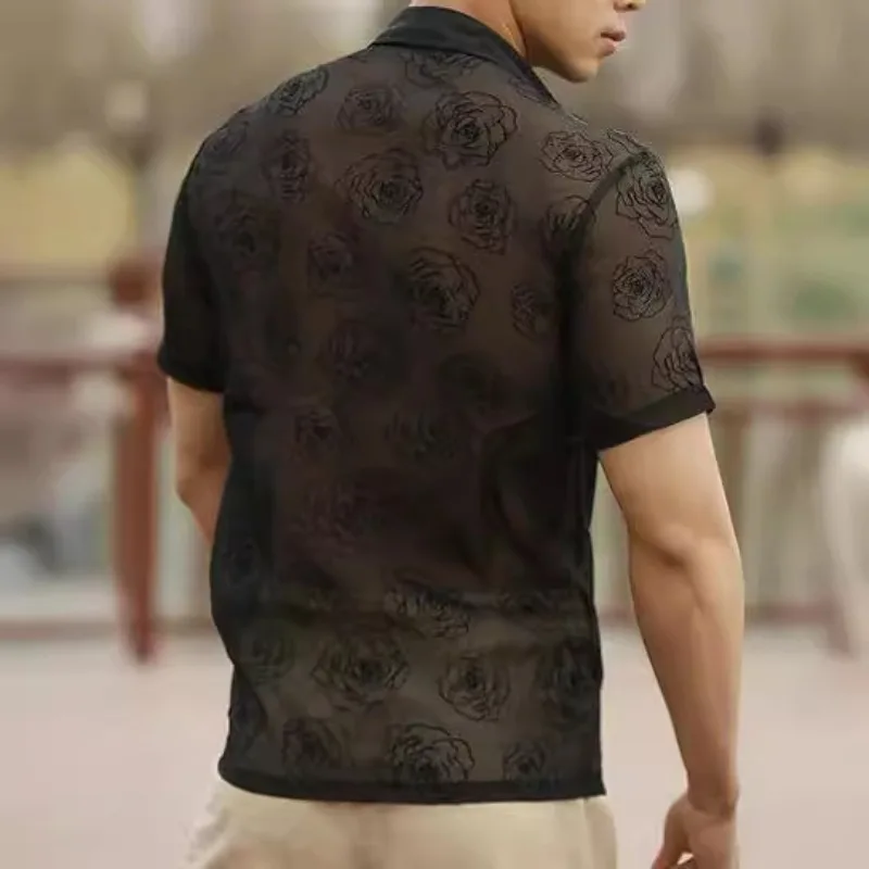 

Casual Vacation Shirt Fashionable Sexy and Hard To Wear New Men's Rose Floral Mesh See-through Button Short-sleeved Shirt Stock