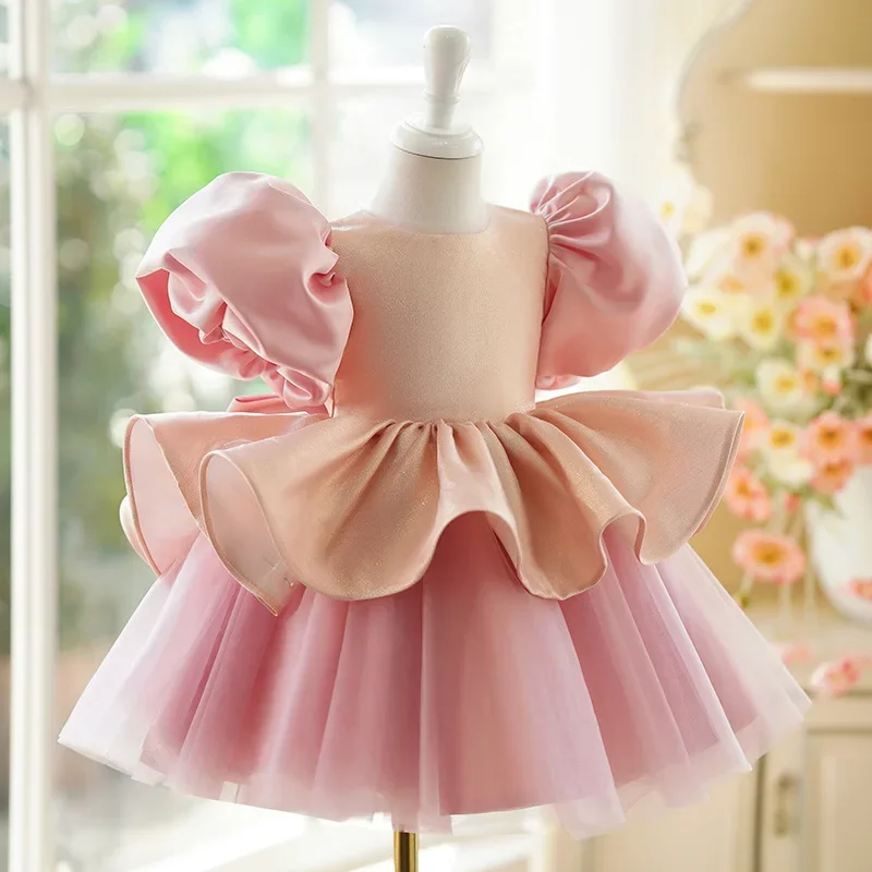 Sweet Summer Children's Princess Girl Birthday Party Evening Dress Round Neck Puff Sleeves Big Bow Lush Dress For Girls 6y-10y
