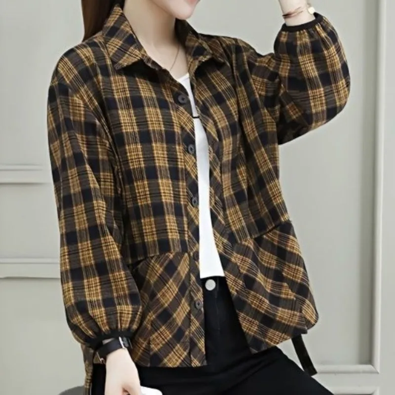 Spring and Autumn Women's Checkered Cardigan Polo Button Long Sleeve Shirt Lantern Sleeve Shirt Fashion Loose Casual Coat Tops