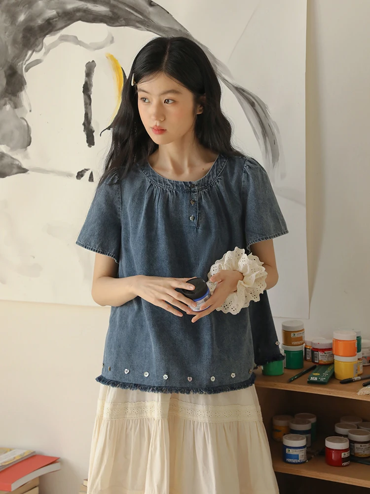 

Nesoulum Women's Loose Fit Waed Blue Denim irt Button up Cotton Linen Top Vintage Artistic Design Summer Faion