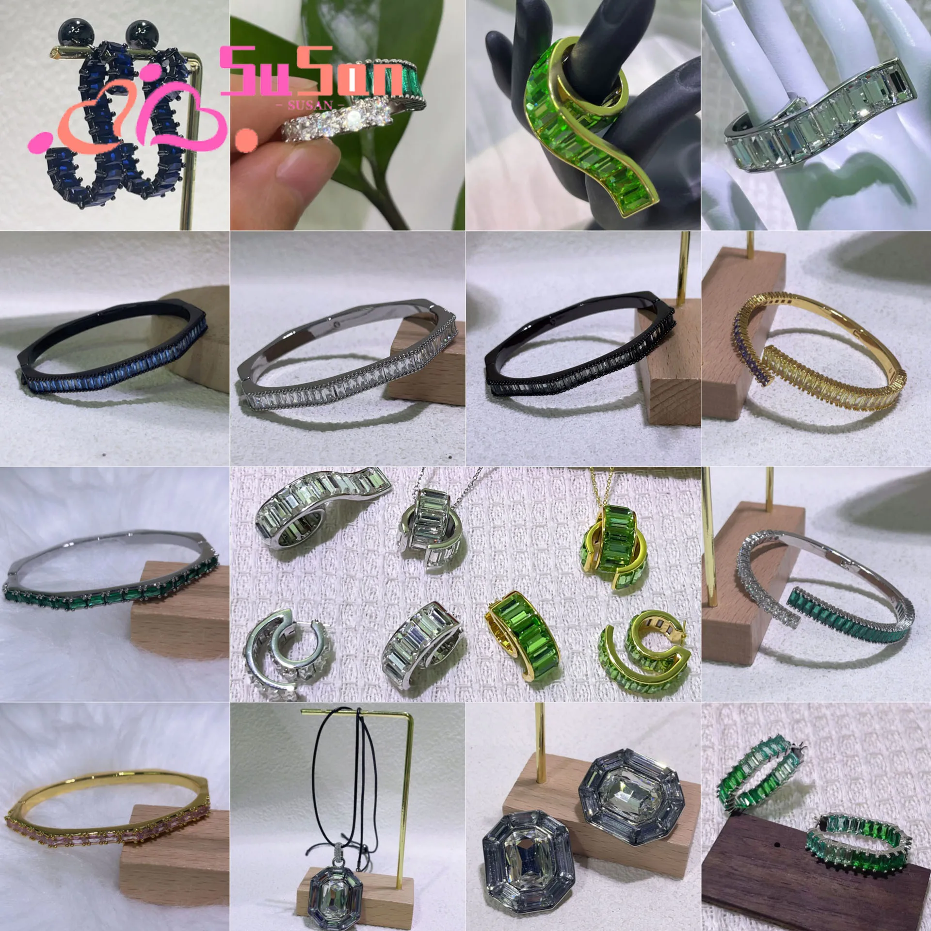 

White Square Necklace High-Quality Green Luxurious Brand Sparkling Earrings Number 6 Ring Jewelry Sets Stylish Charming Gifts