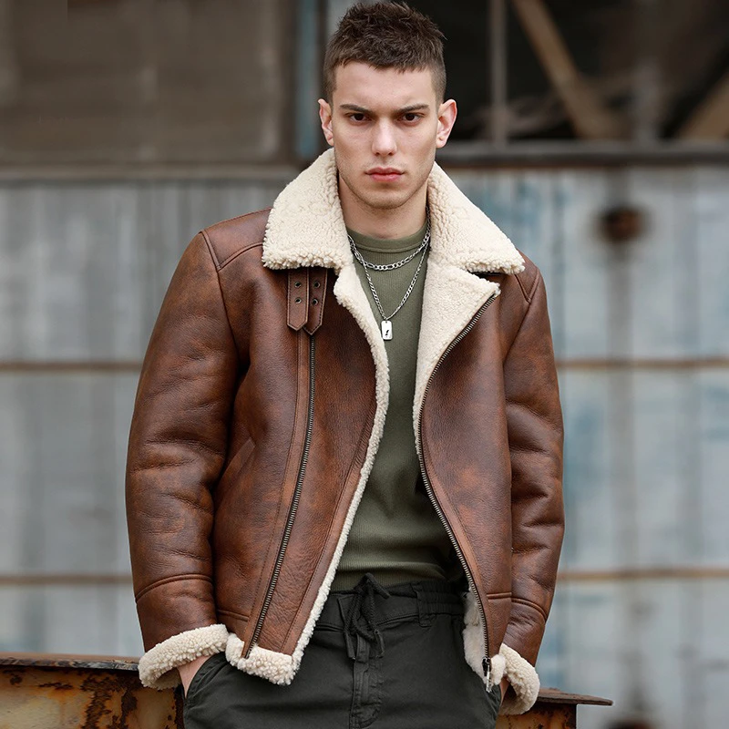 Men's Fashion Biker Leather Jacket Luxury Wool Lining Winter Warm Leather Jacket Temperament Lapel Design Windproof Coat