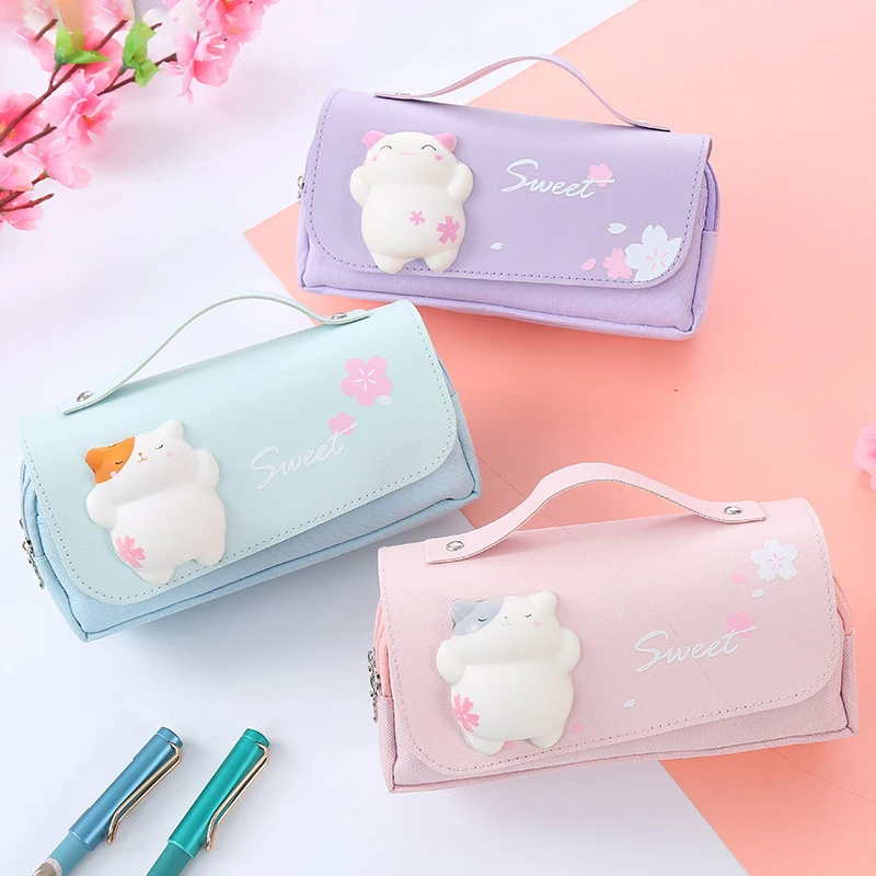 Cute Cat Large Capacity Stress Relieving Pencil Case Big Pencil Box Portable Girls Pen Bag Double Layer School Pouch Kawaii Bag