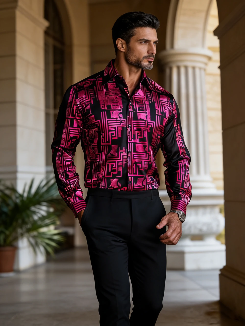 Men's spring summer new high-end long-sleeved shirts high-definition printed lapel shirts Hawaiian beach vacation social shirts