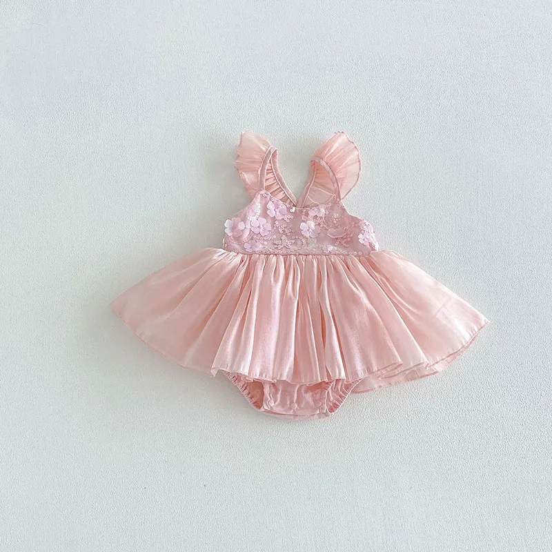 Baby Bodysuit Sweet Glitter Flower Toddler Suspender Dress Summer Girls Lace Dress Infant One Piece 3-24M