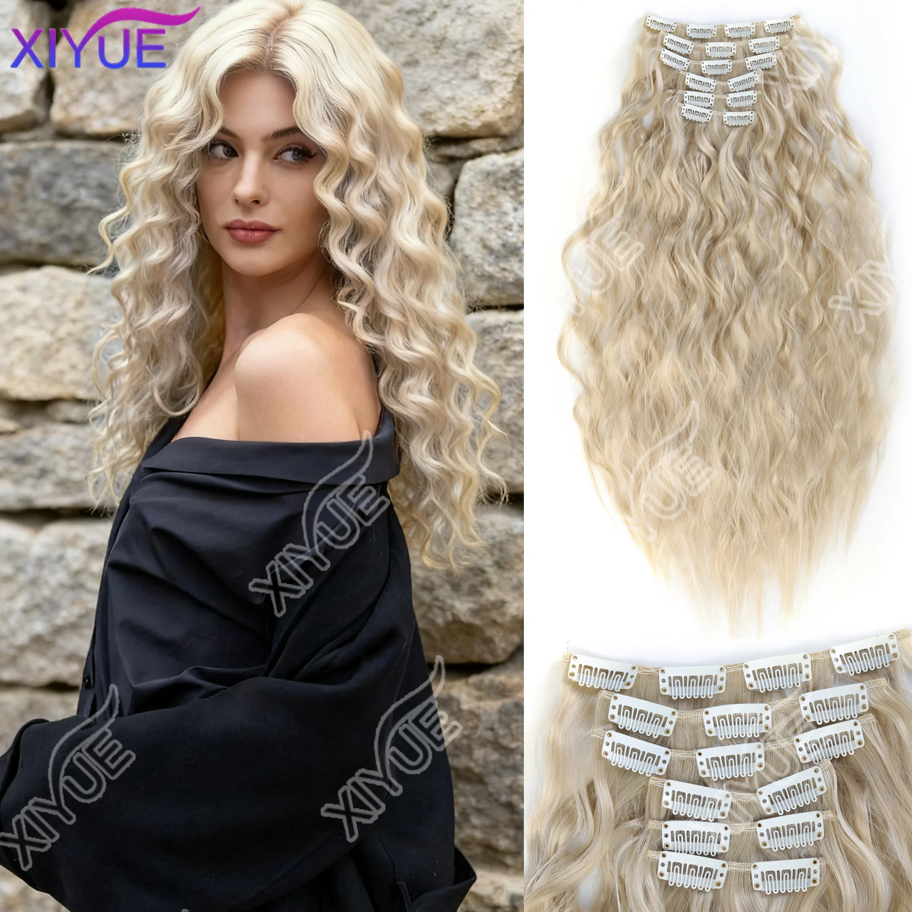 XIYUE synthetische clip-in haarextensies 24 inch lange watergolf haarverlenging voor vrouwen volledig hoofd synthetische haarextensies