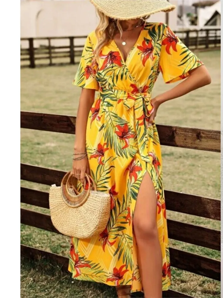 

Slit Dress Leace-up Vestidos Dresses 2025 Woman Vacation Holiday Slim Color Colorful Beachwear Fresh And Sweet Printed Vestido