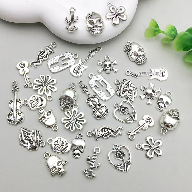 10pcs/lot Antique Witch Wizard Skull Guitar Web Bat Boo Charms Halloween Pendant For Diy Jewelry Making Supplies Accessories