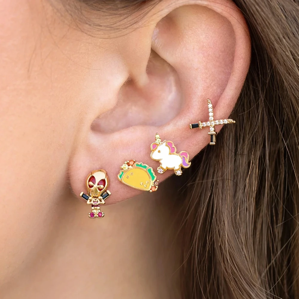 MIGGA 4pcs Fashion Mixed Cartoon Stud Earrings Set for Women Girls Gold Color Plated Cubic Zircon Jewelry