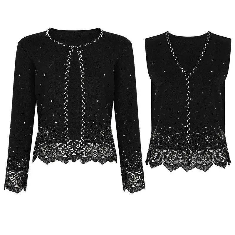 

High Quality Knitted Lace Vest Jacket And Half Skirt Set Spring Autumn Fashionable New Arrival Women's Long Sleeve round Neck
