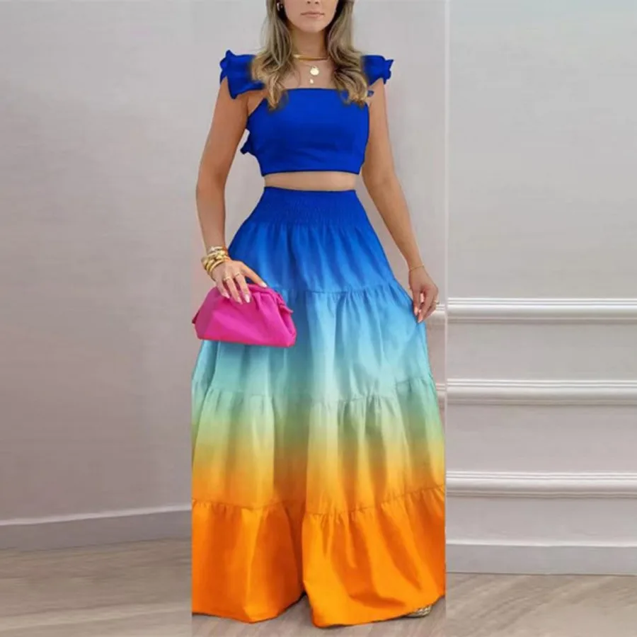 Two Piece Skirt Sets Women Print Dot Ruffles A Line Long Skirts High Waist Casual Half Sleeve Tops Suits Elegant Lady 2024