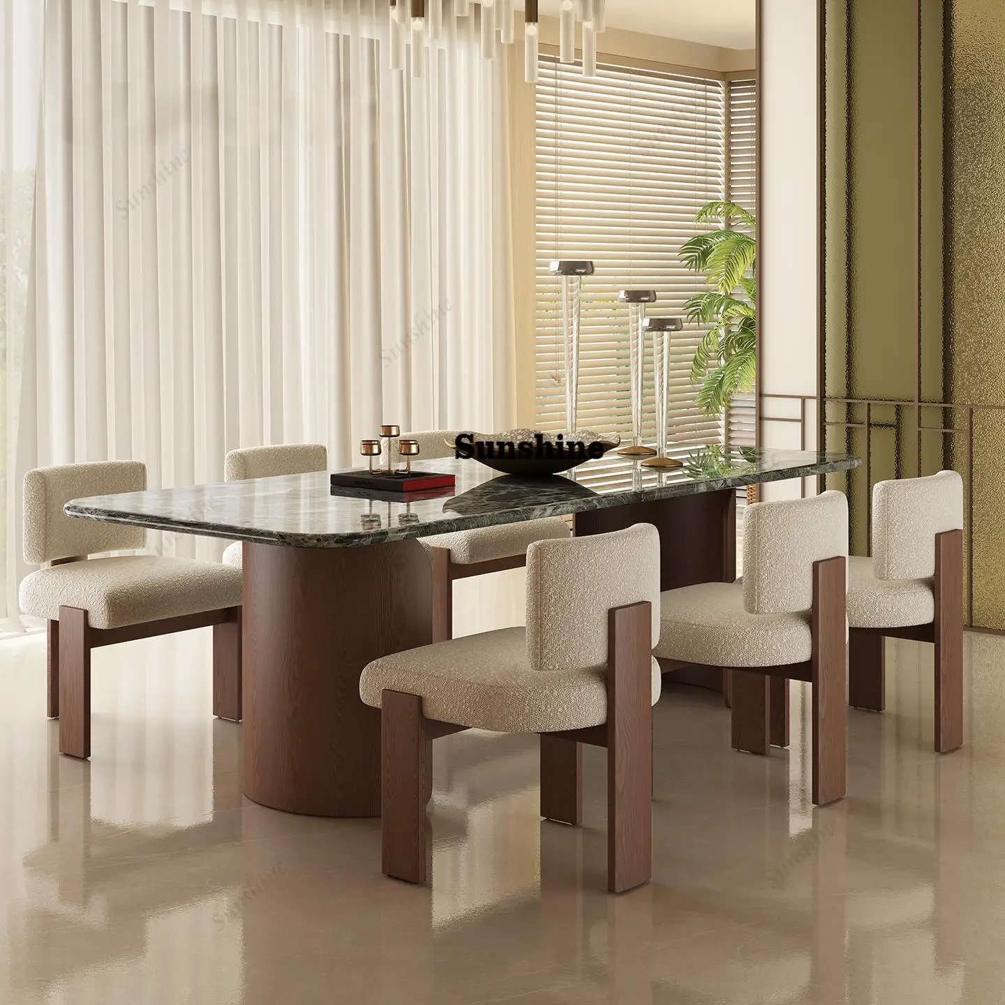 Beige Travertine Dining Table, Mid-Century Luxury Stone Long Table, Heat & Scratch Resistant, Anti-Bacterial & Eco-Friendly