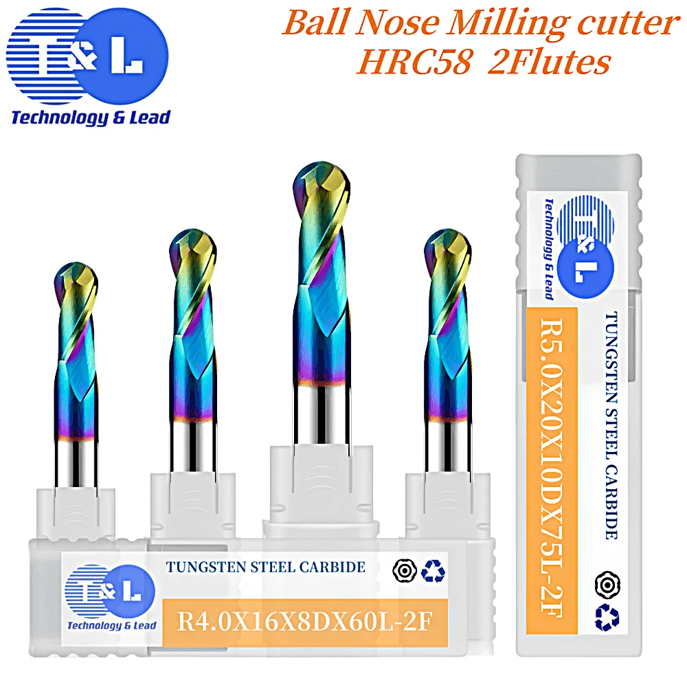 

T&L HRC58 2F Colorful Coating Tungsten Steel Carbide Aluminum Ball End Milling Cutter CNC Mechanical Machining End Mill Tools