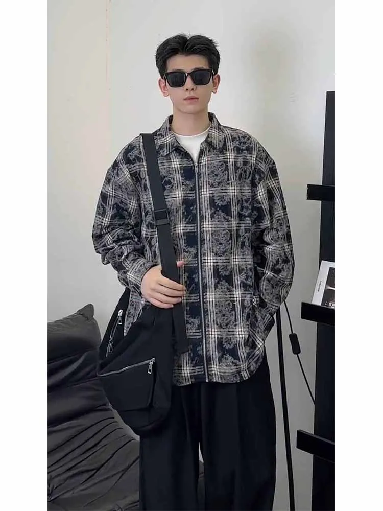 

Retro American id irt Men's High-End Feel Spring Autumn Zipper Cool Trendy Long Sve irt Jaet Youth Daily Cotton Pu...