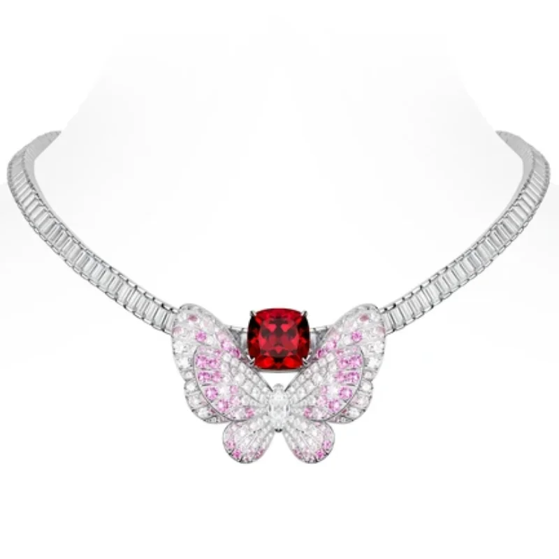 Bellux 925 Silver Synthetic Zircon Gradient Pink White Gemstone Butterfly Ruby Convertible Brooch Fashion Necklace Unique Design