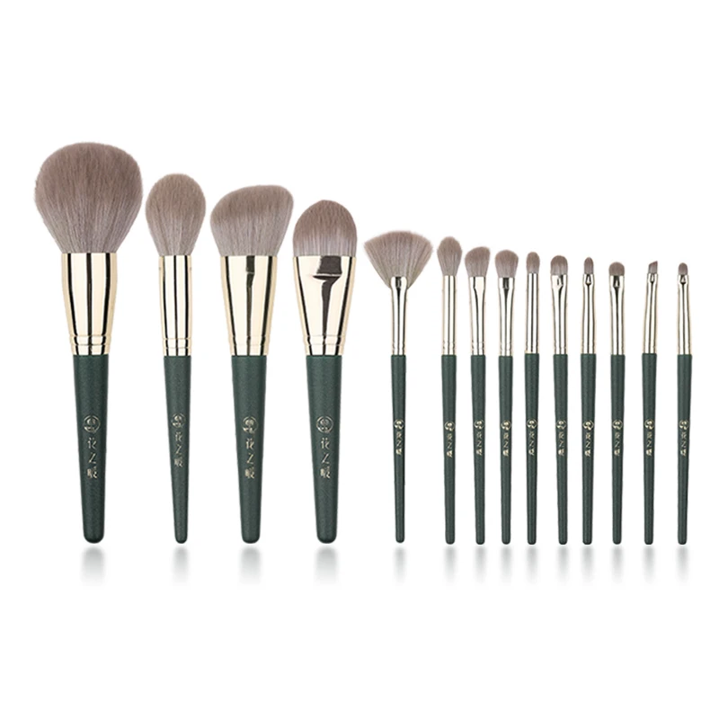 Wholesale Makeup Brushes Set 14pcs Dark Green Wood Handle Custom Logo Cosmetics Make up Tools Powder Foundation Eyeshadow Brush