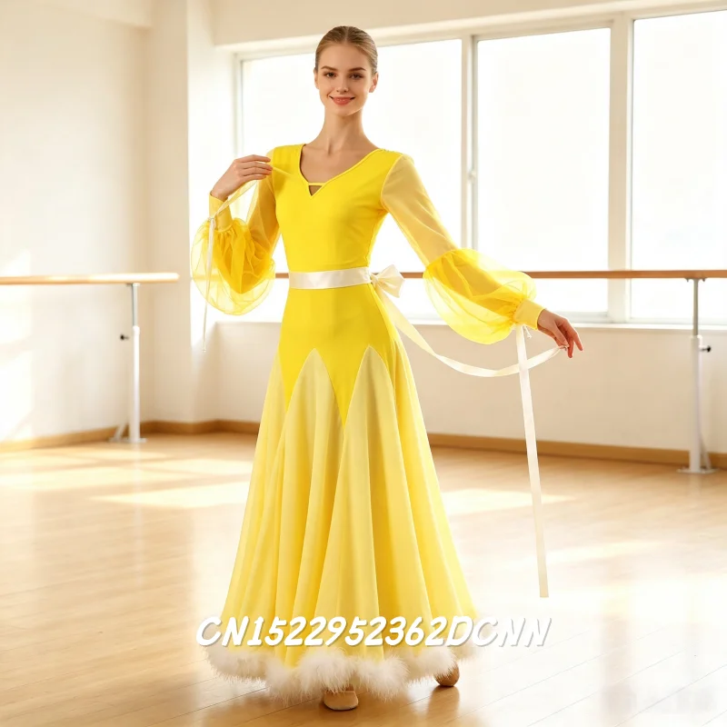 Women's Advanced Ballroom Competition Dance Dress Temperament Yellow Standard Waltz Skirt for New Ballroom Dancing Wear