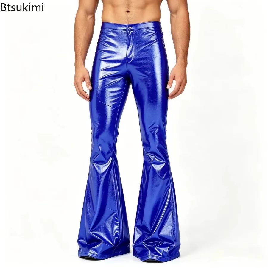 Neue Herren Metallic Glänzende Schlaghose Sexy Bühnenkostüm Elastischer Bund Glockenhose Lange Hose 70er Jahre Party Show Clubwear