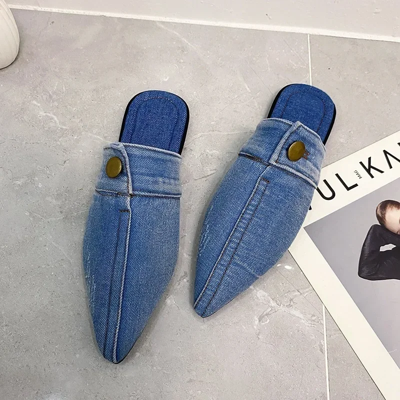 Pantofole in Denim donna muli piatti scarpe moda Casual Slide infradito donna blu Designer sandalo punta a punta Classic Jean Mules