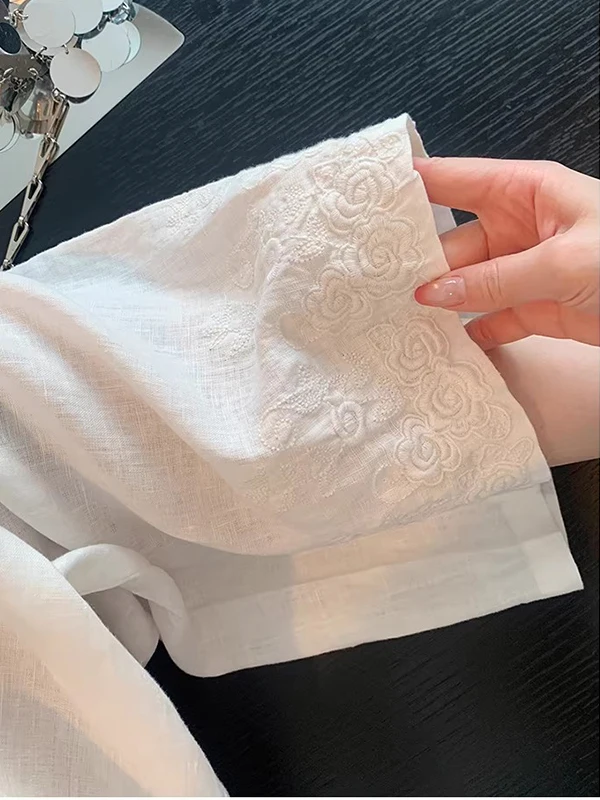 Elegant Embroidered Cotton Linen Wide Leg Pants Women's Spring Autumn Thin Loose Casual Straight Long Trousers