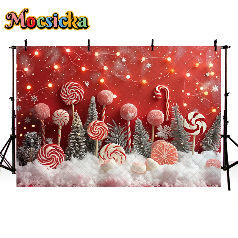 Mocsicka Winter Red Xmas Background For Child Adult Family Photography Candy Lollipop Snowflake Christmas Tree Decor Props