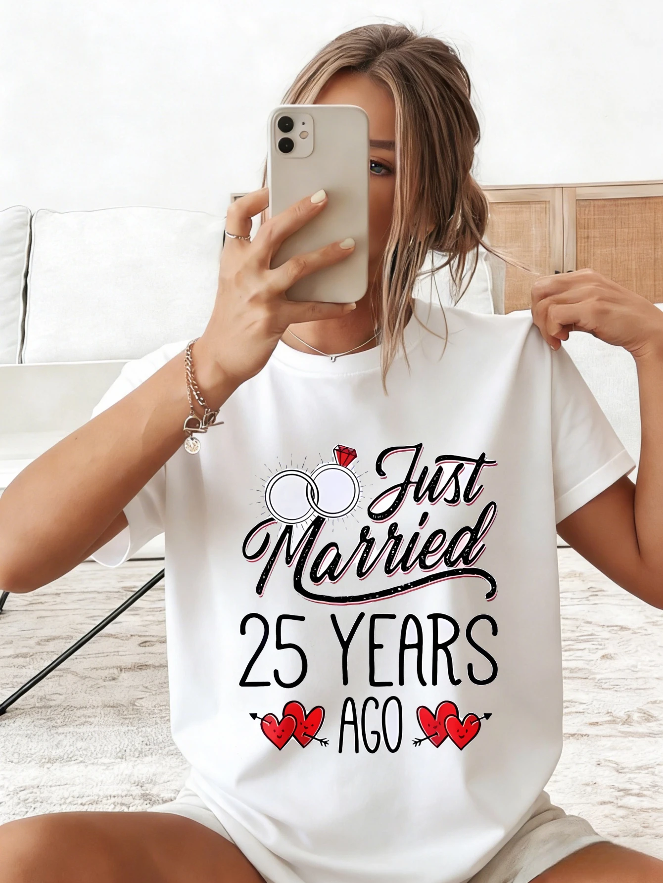 Camiseta gráfica de algodón para mujer, con estampado de recién casados hace 25 años, camiseta informal de verano de manga corta, regalo para ella