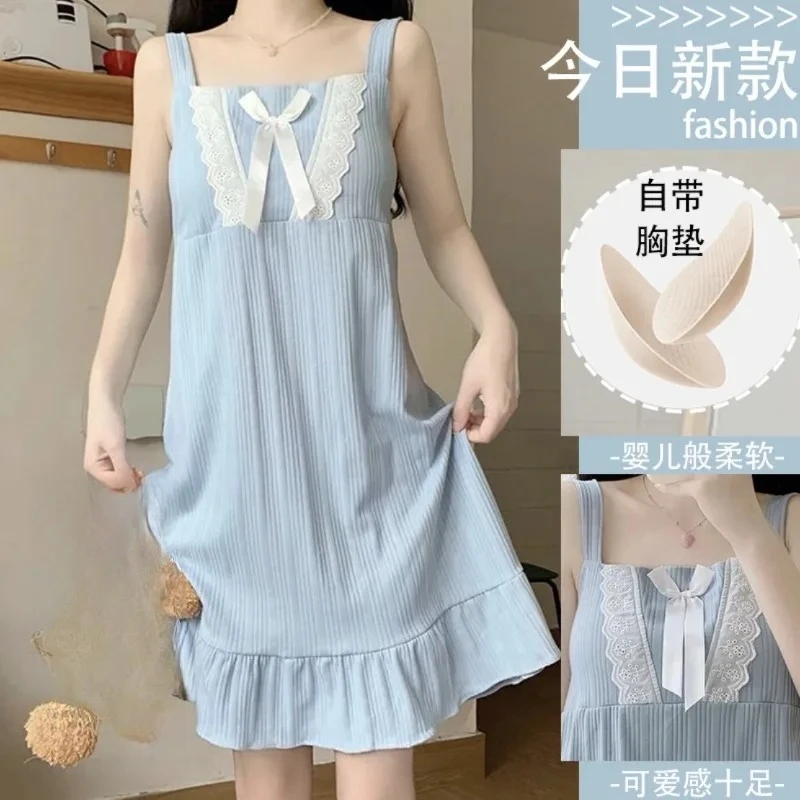 Women Summer Camisole Nightgown Chest Pad Pajamas Female Student Girl Medium-Length Sleeveless Lady Pajamas Lotus Lace Homewear