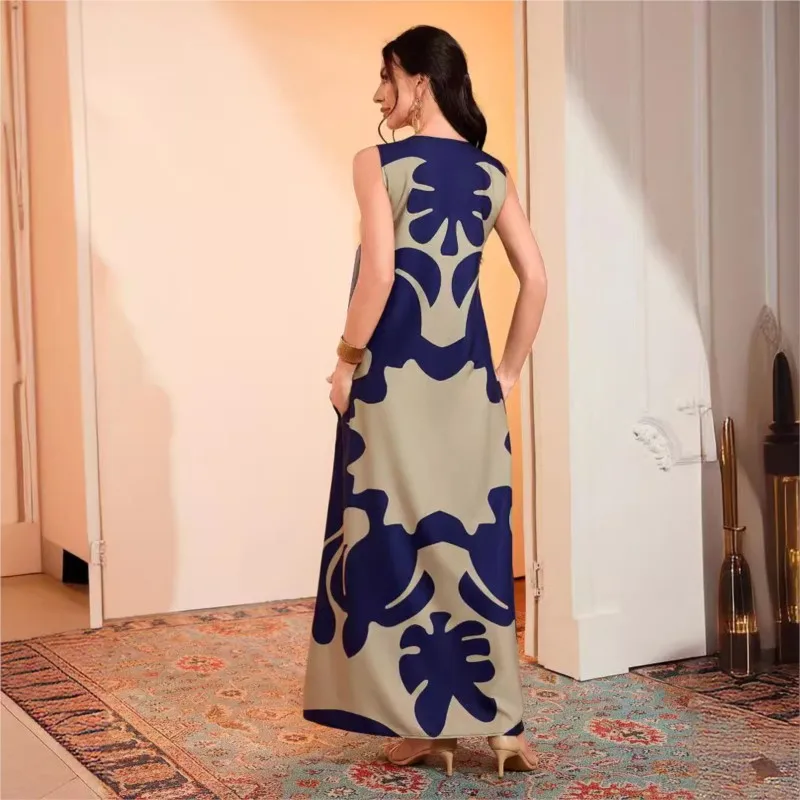 Boho Retro Printed Pocket Long Dress Sexy Sleeveless V-neck Pullover A-line Vacation Party Dress For Women 2023 Summer New Robe