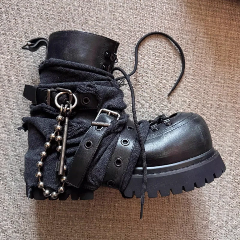 Black Chain Belt Strap Front Laces Platform Ankle Boots Men's 2026 Thick Sole Goth Punk Heavy Industry Boots Cyberpunk Shoes