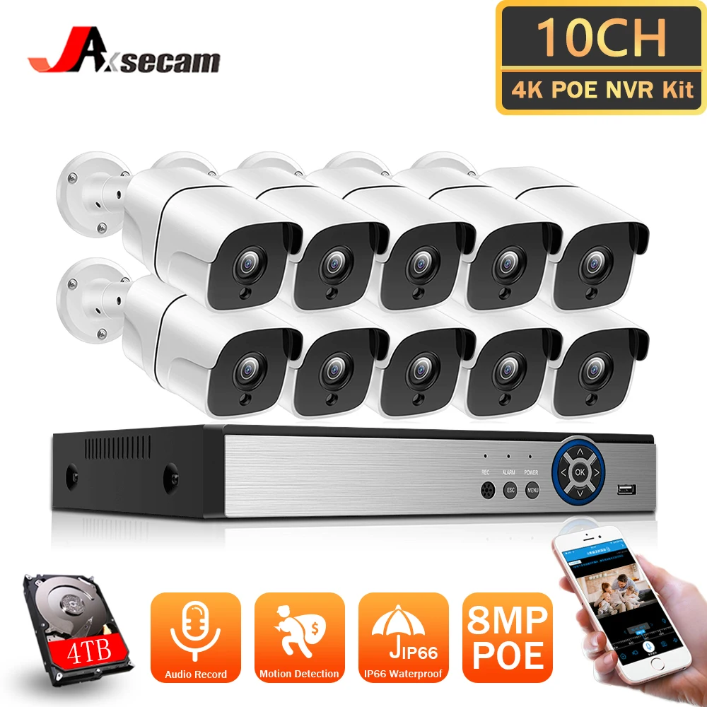 

10CH 4K POE NVR Security System 8MP Outdoor/Indoor Street Human Detection CCTV Bullet Metal Camera Video Surveillance Audio Kits