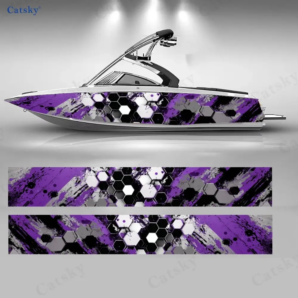 2Pcs Purple Lightning Honeycomb Boat Stickers, PVC Waterproof Vinyl Wrap Decals for Fishing Boats, Durable and Stylish Design
