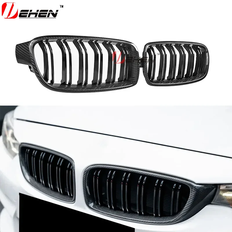 

For BMW 4 Series F32 F33 F36 F82 F83 M4 F80 M3 2013-2019 2 Slat Front Bumper Kidney Hood Grille Real Dry Carbon Fiber Grills