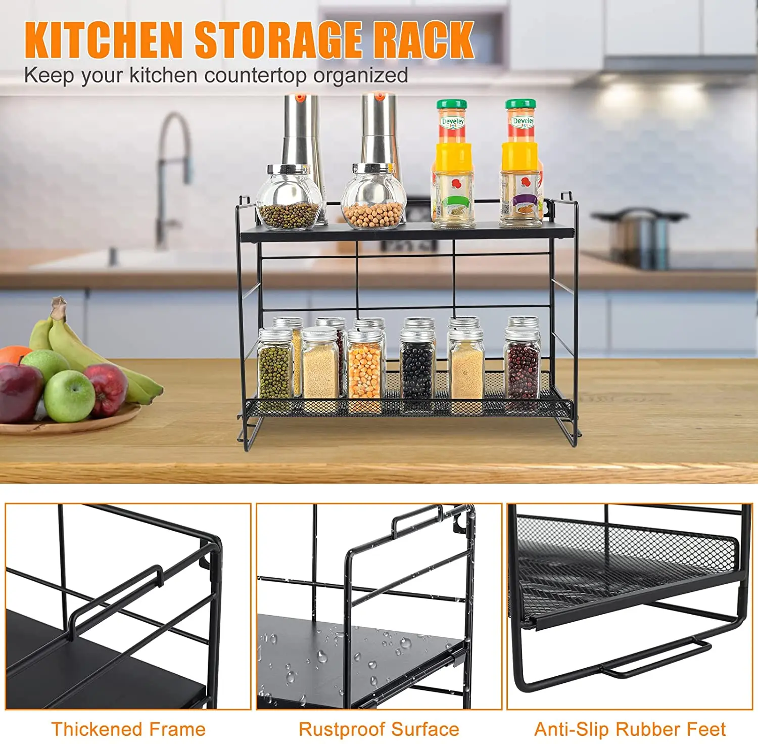 

2 Tier Metal Spice cRak Organizer Cabinet Spice Rack Organizer for Cabinet-Black