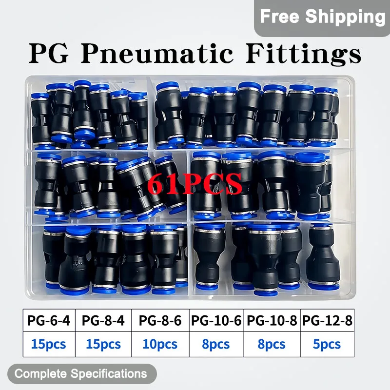 

61PCS PG Pneumatic Fittings Plastic Connector PG6-4 PG8-4 PG8-6 PG10-6 PG10-8 PG12-8 For Air Hose Tube Push In Straight Fittings