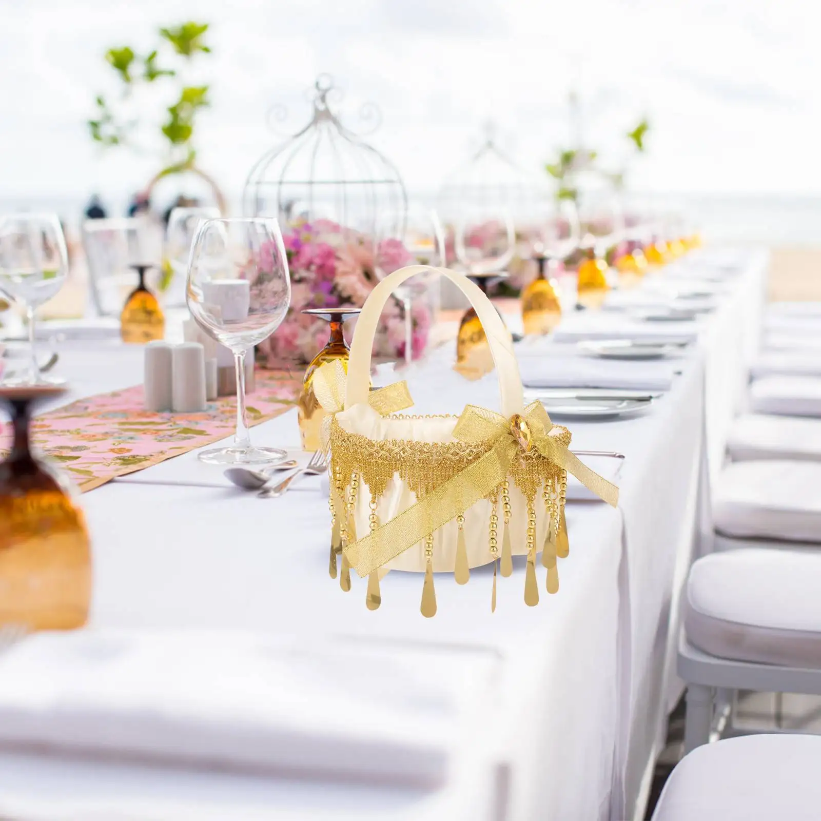 Petit panier de fleurs doré, cadeau de mariage, paniers de rangement portables en rotin rustique, accessoires de fête de mariage, panier de fleurs pour fille