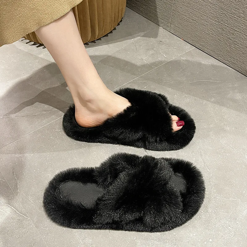 Cross Straps Fluffy Fur Slippers for Women Autumn Winter Flat Home Cotton Slippers Woman Comfort Non Slip Indoor Floor Slides