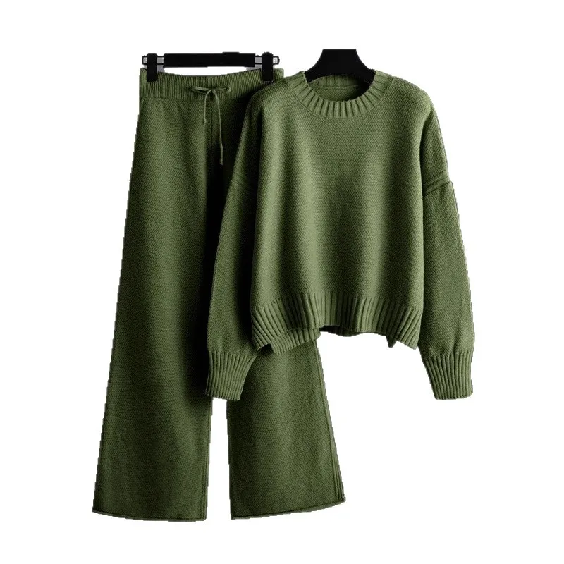Conjunto de Calças de Perna Larga em Malha, Dois Peças, Moda de Inverno, Suéteres Quentes e Casuais para Mulheres