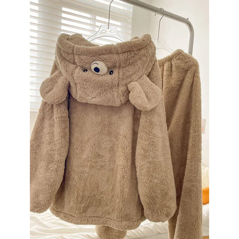 New Coral Fleece Warm Women Pajamas Thick Hooded Long Sleeve Women 2 Piece Outfit Set Cute Bear Loungewear Set Loose Sleepwear