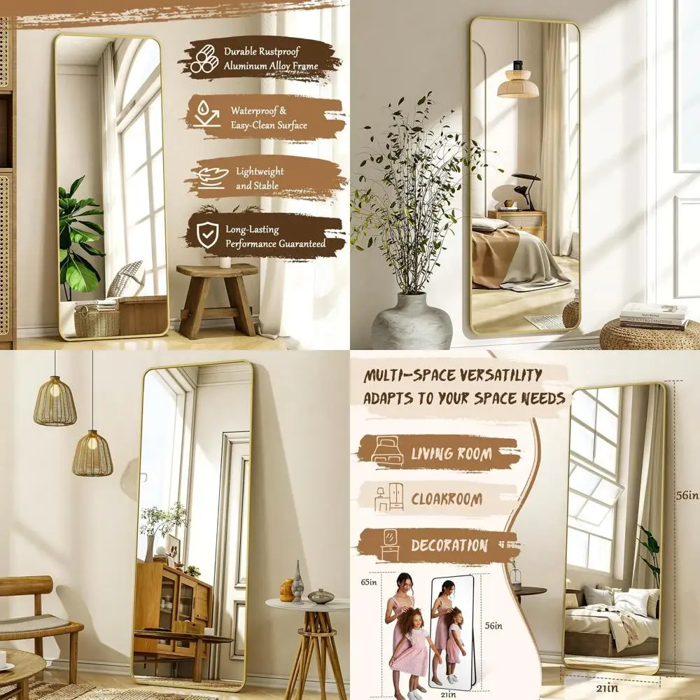 

56 x 21 Full-Length Mirror with Rounded Edges, Freestanding or Wall-Mounted, Perfect for Bedroom and Living Room, Gold