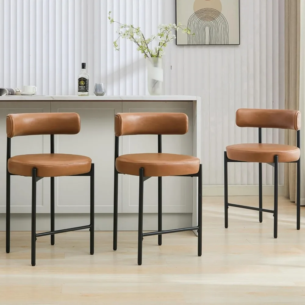 

24'' Faux Leather Bar Stools Set of 3, Counter Height Bar Stools with Backs, Upholstered Counter Chairs for Kitchen Island (Vega