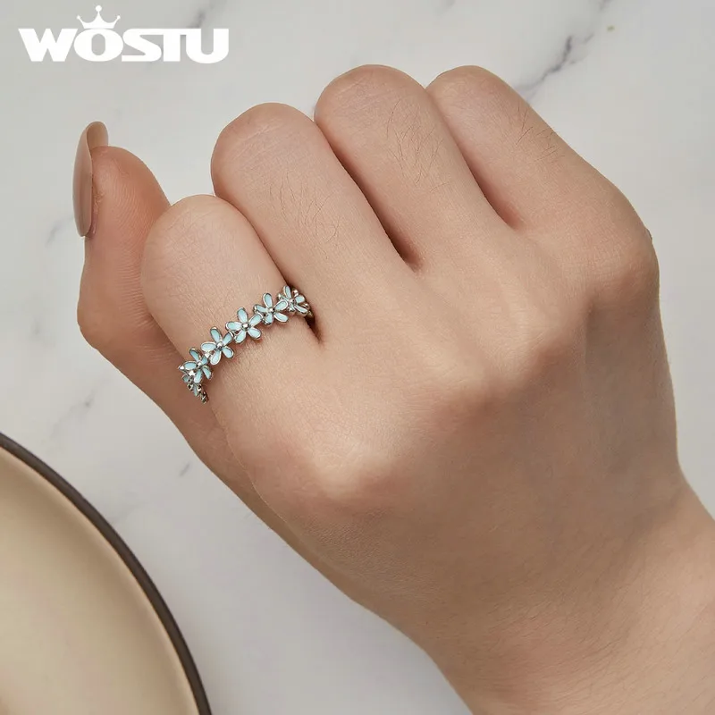 WOSTU Original 925 Sterling Silver Blue Flower Rings Pink Flower Adjustable Rings For Women Luxury Party Fine Jewelry Certified