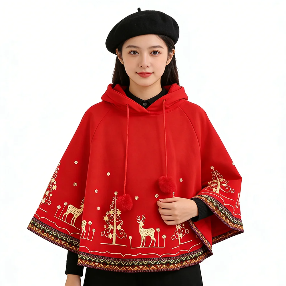 

Cute Red Clothes Harajuku Lolita Cloak Winter 2026 Young Women Printed Hooded Cape Loose Casual Pullover Batwing Sleeve Poncho